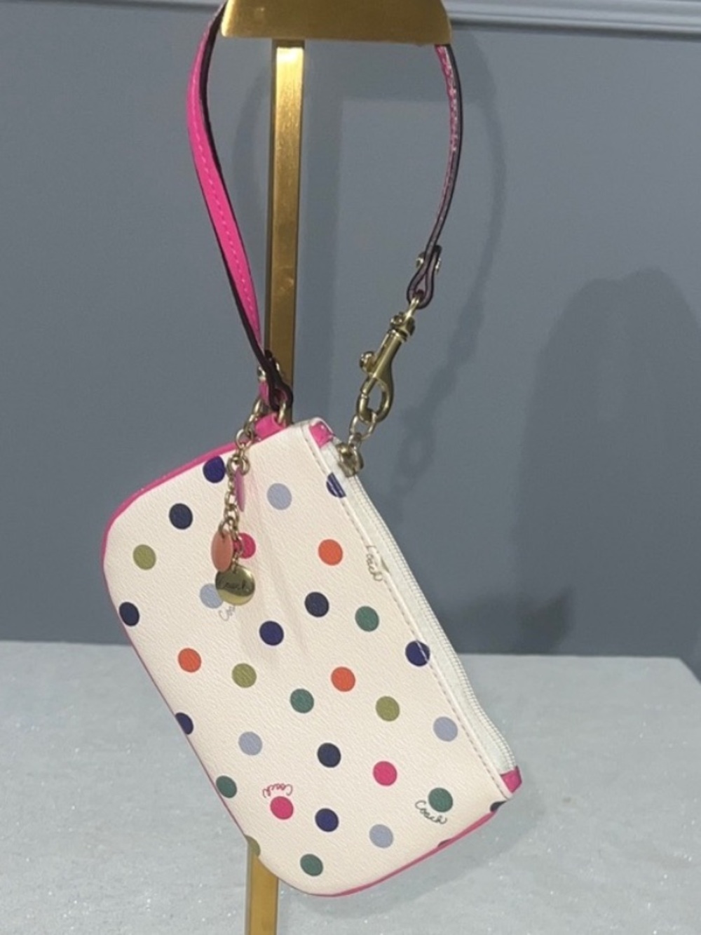 Coach Polka Dot Wristlet with Pink Trim